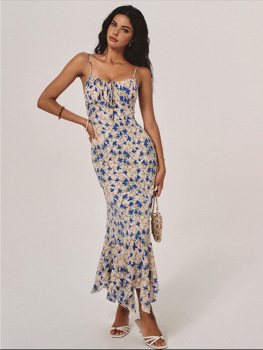 🔹 Commense Floral Slip Maxi Dress in Cream and Blue Size Medium - Picture 4 of 5